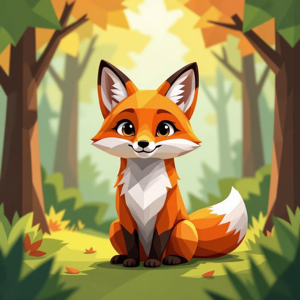 Friendly Geometric Fox in Peaceful Forest, Digital Art