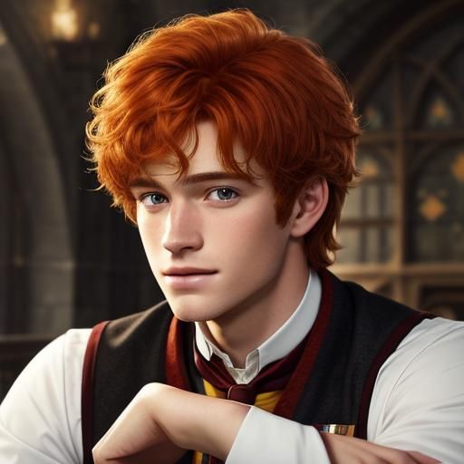 Happy realistic picture of a handsome teenager at Hogwarts, ...