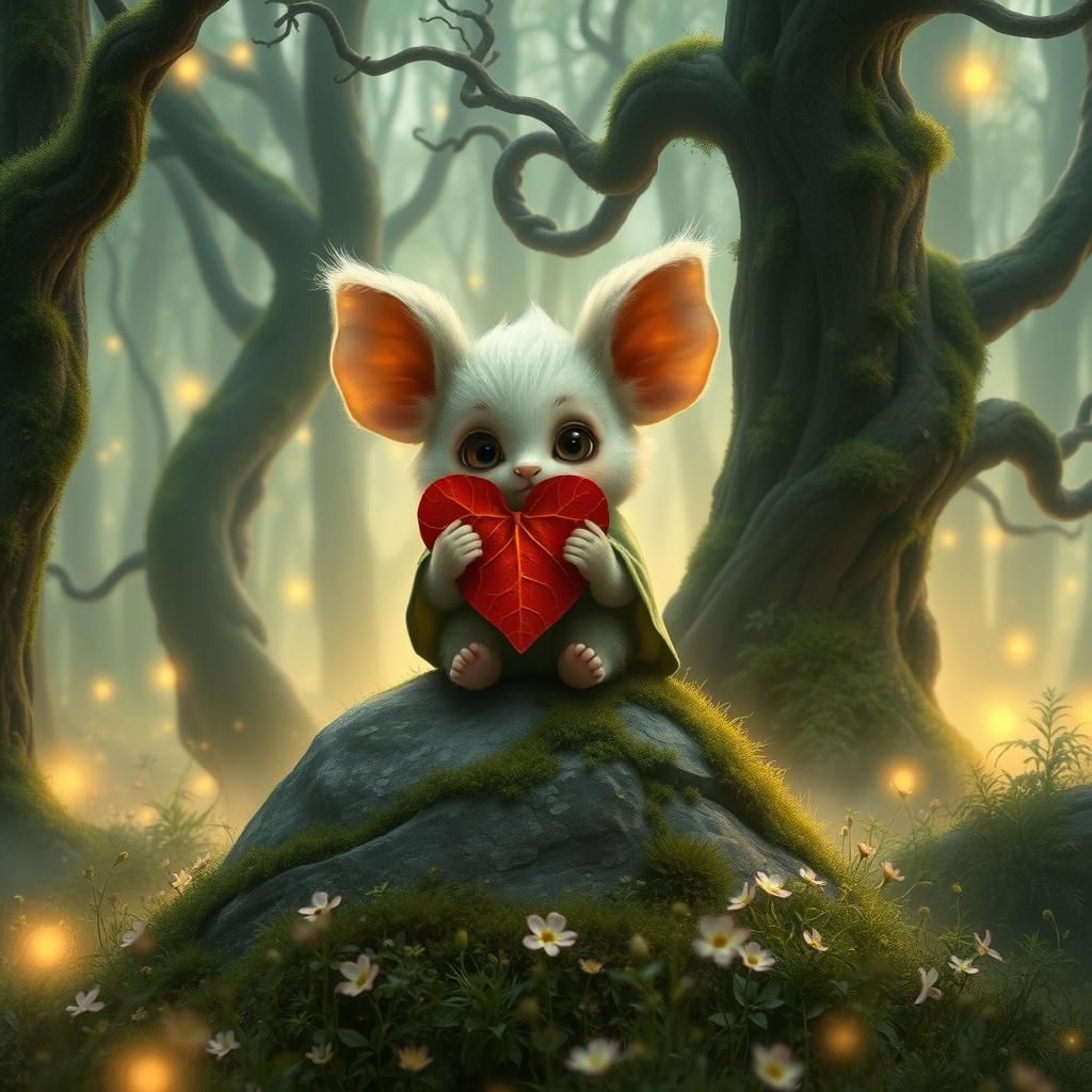 a small, wide-eyed and fluffy creature with large cute ears, sitting ...  by @FruitFan