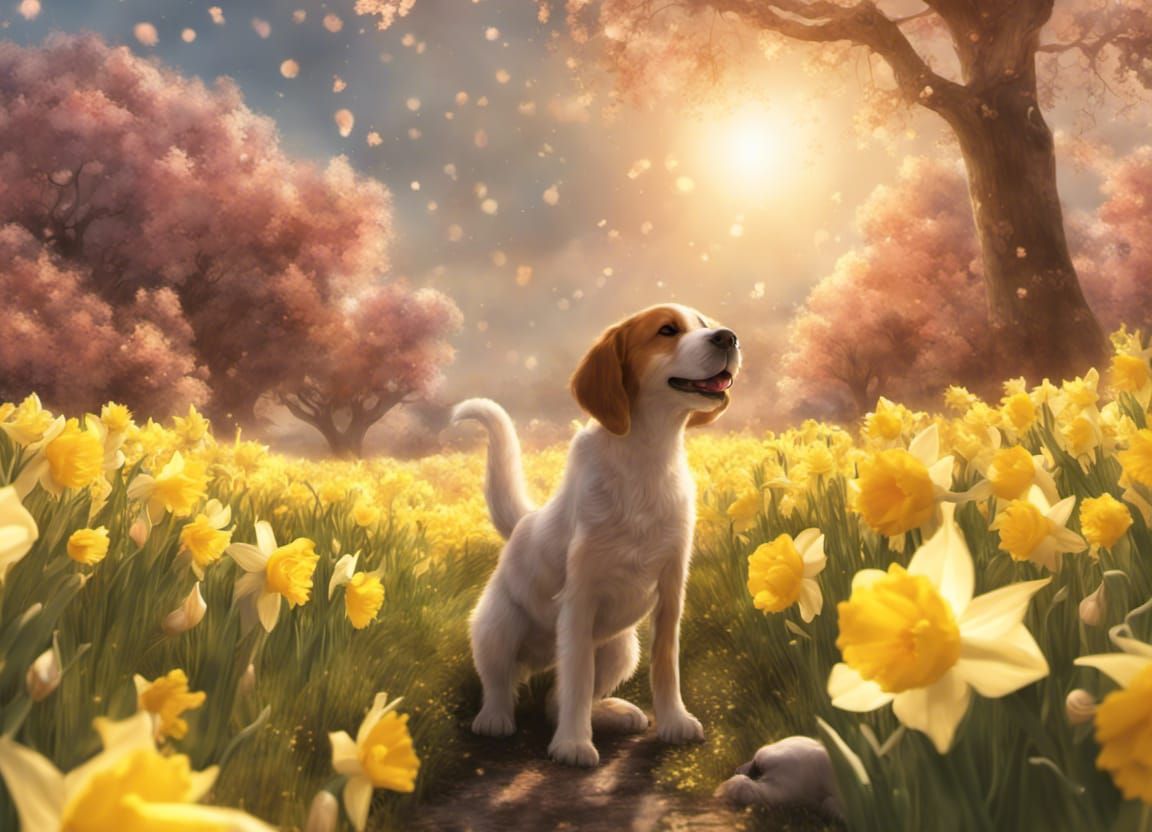 Dog Surrounded With Daffodils