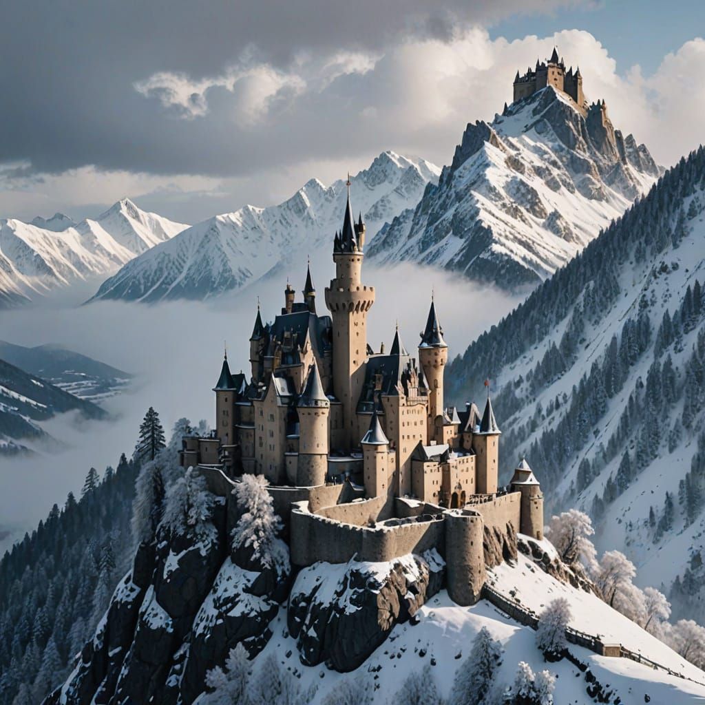  a castle high in the misty snow covered mountains   by @Twisted Bliss