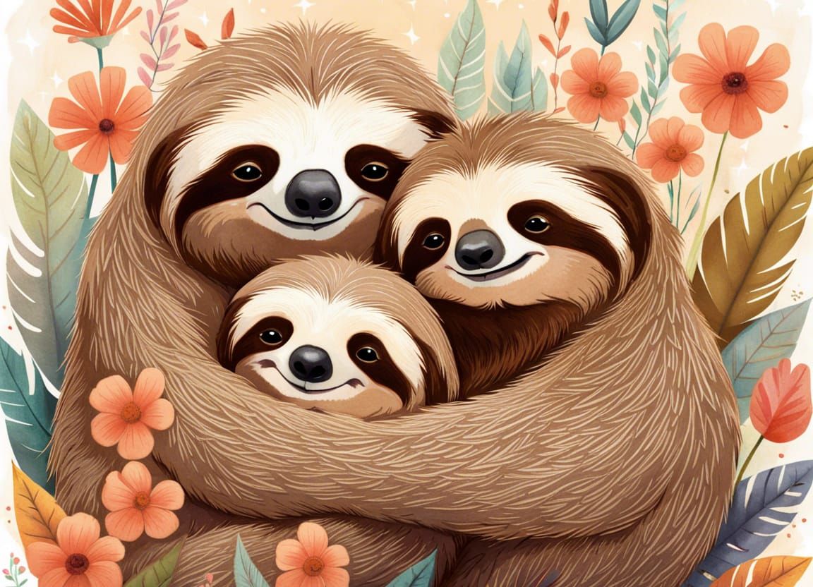 two big fluffy adorable sloth hugging happily, snuggled up together in ...