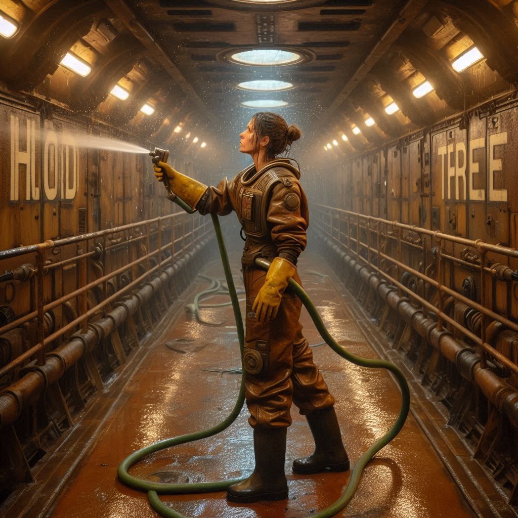 The humongous empty hold of an old spacefreighter is being c...