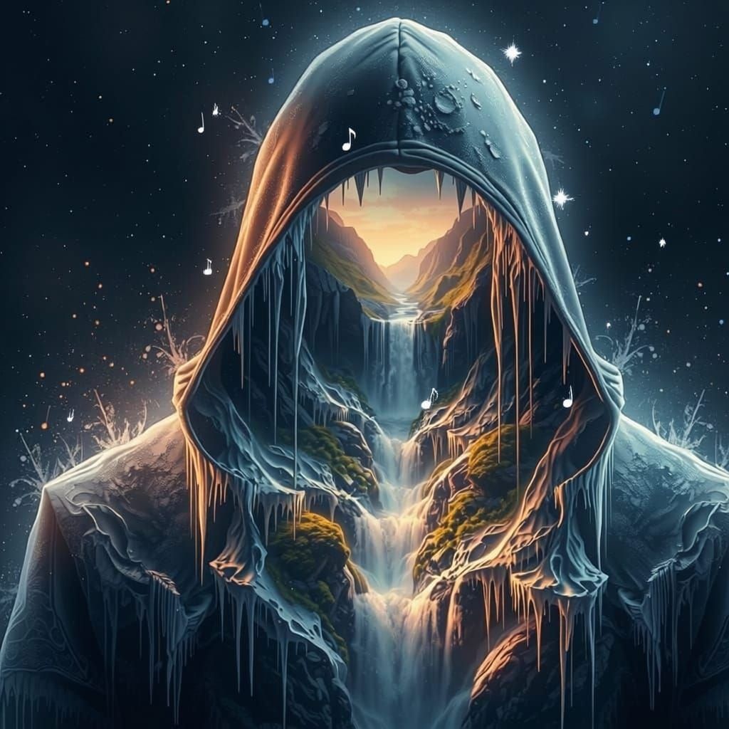 This digital artwork features a surreal and imaginative composition, combining elements of nature and mysticism. The central subject is a ho...