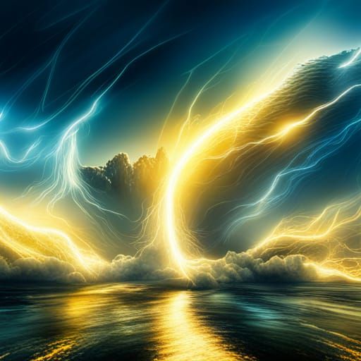 Yellow Lightning Bursts Across Blue Sky: Digital Matte Paint...