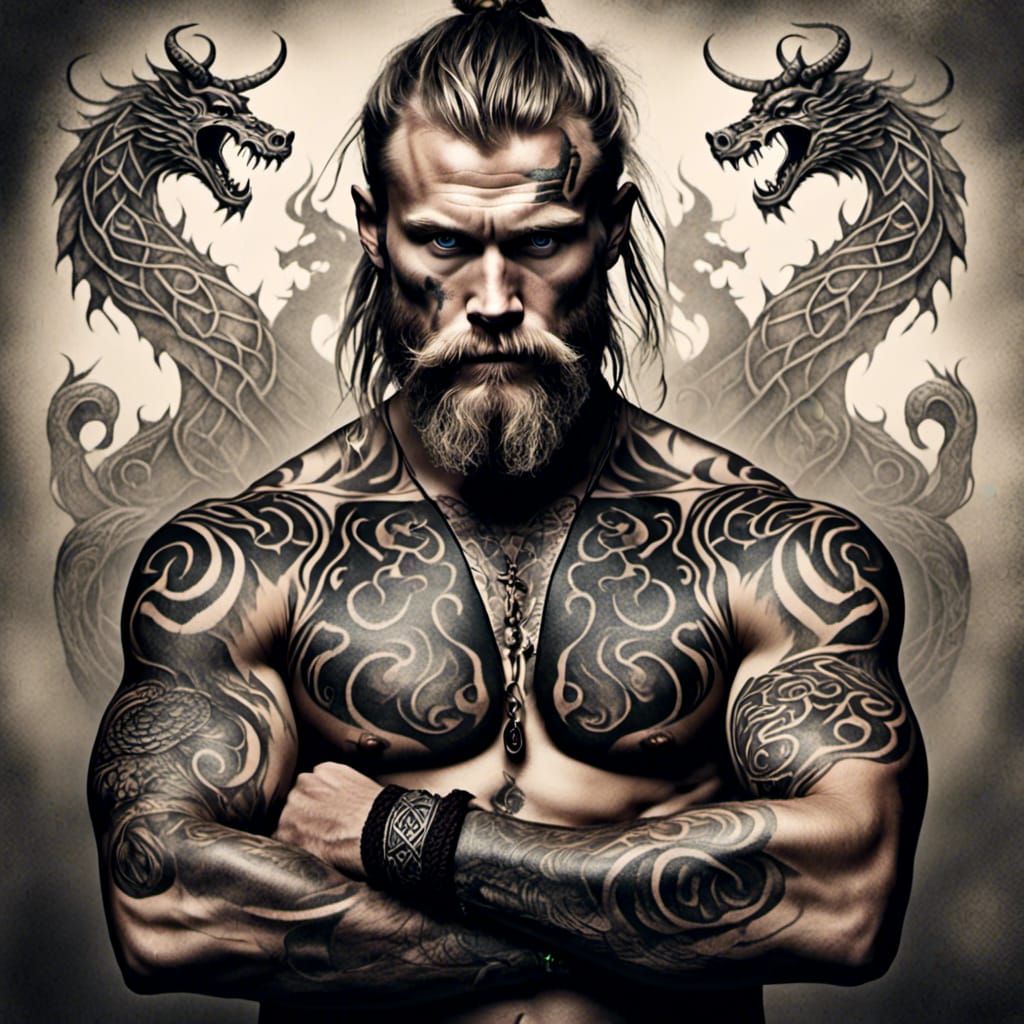 Portrait of A bare chested Viking warrior with distinctive Norse  tattooers <lora:Tattooed:1.2> 