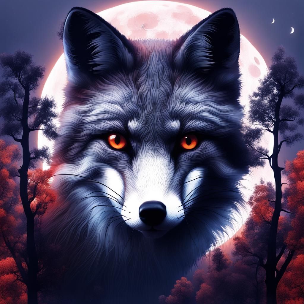 double exposure Orange fox in Red containing image of trees,...