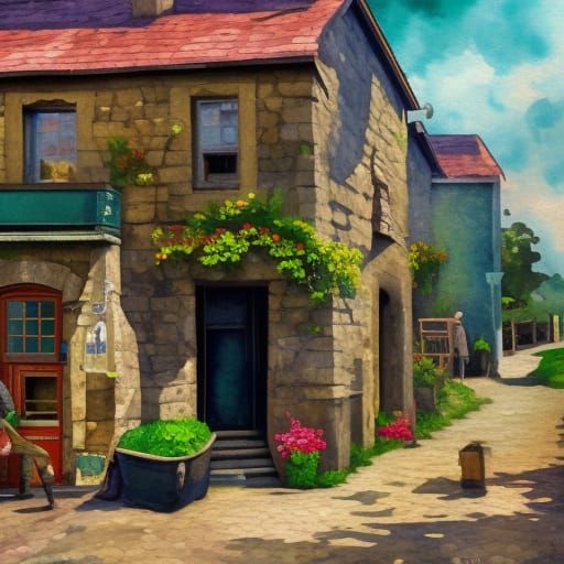 "Realistic painting of an old  Irish village pub"