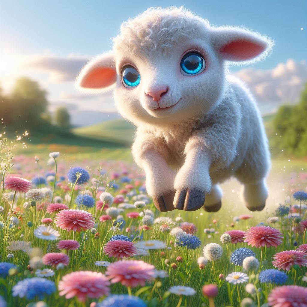 Sheepy hopping over a nice flower meadow.
