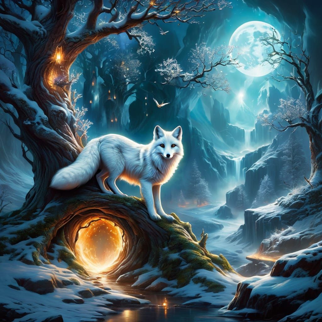 A White Fox and a tree hollow