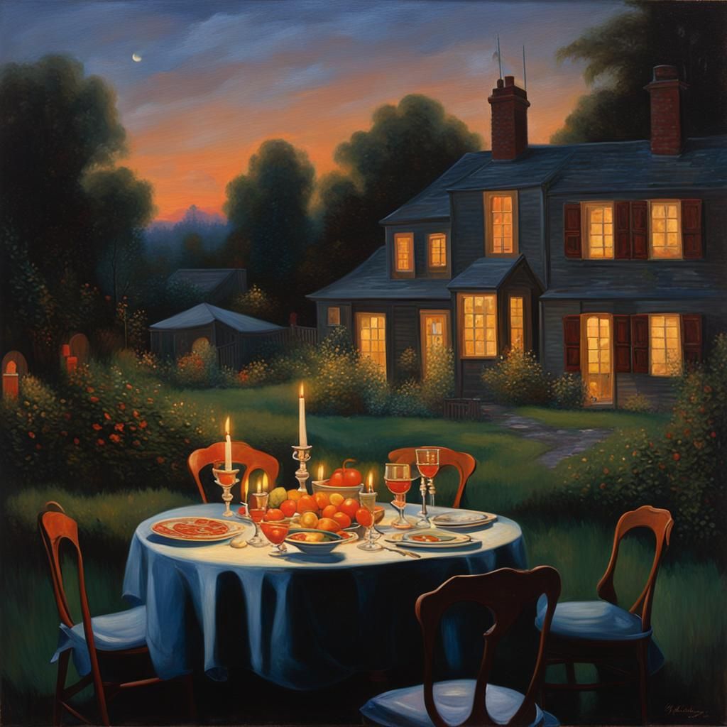 Candlelit dinner set outside a backyard