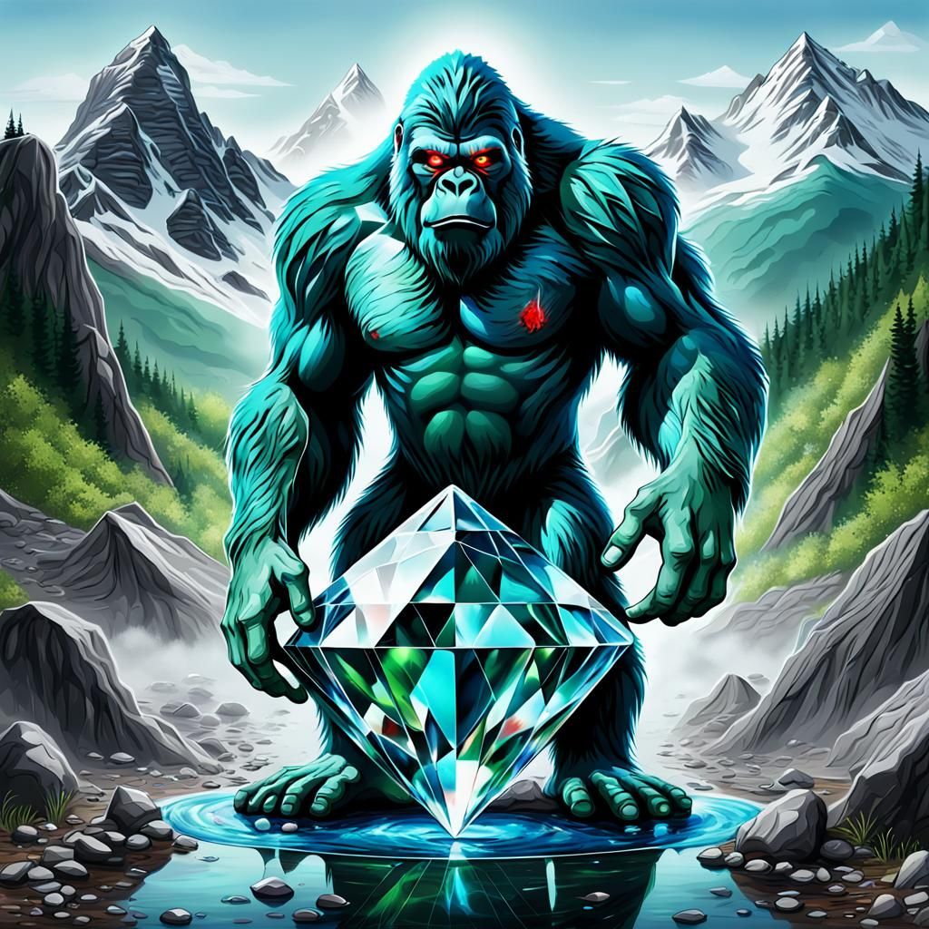 Realistic blue green color Bigfoot cracking open a diamond a...