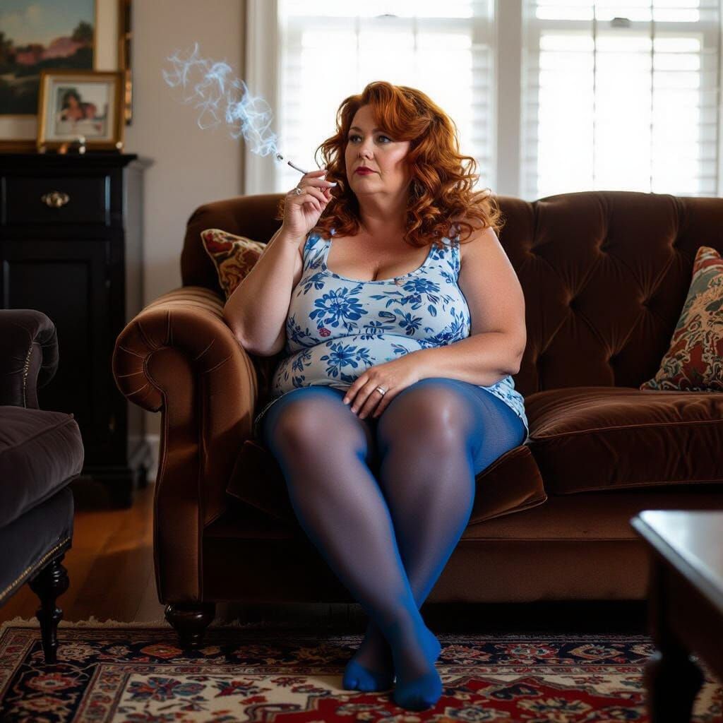 "American Woman date unknown"

A chubby size 18 , 5 foot 5 middle-aged Caucasian woman 48-54 with vibrant, cascading auburn curls sits pensively on a plush, brown velvet s...