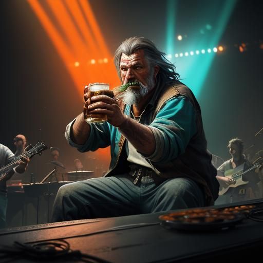 a hobo drinking beer and watching a very happy christian roc...