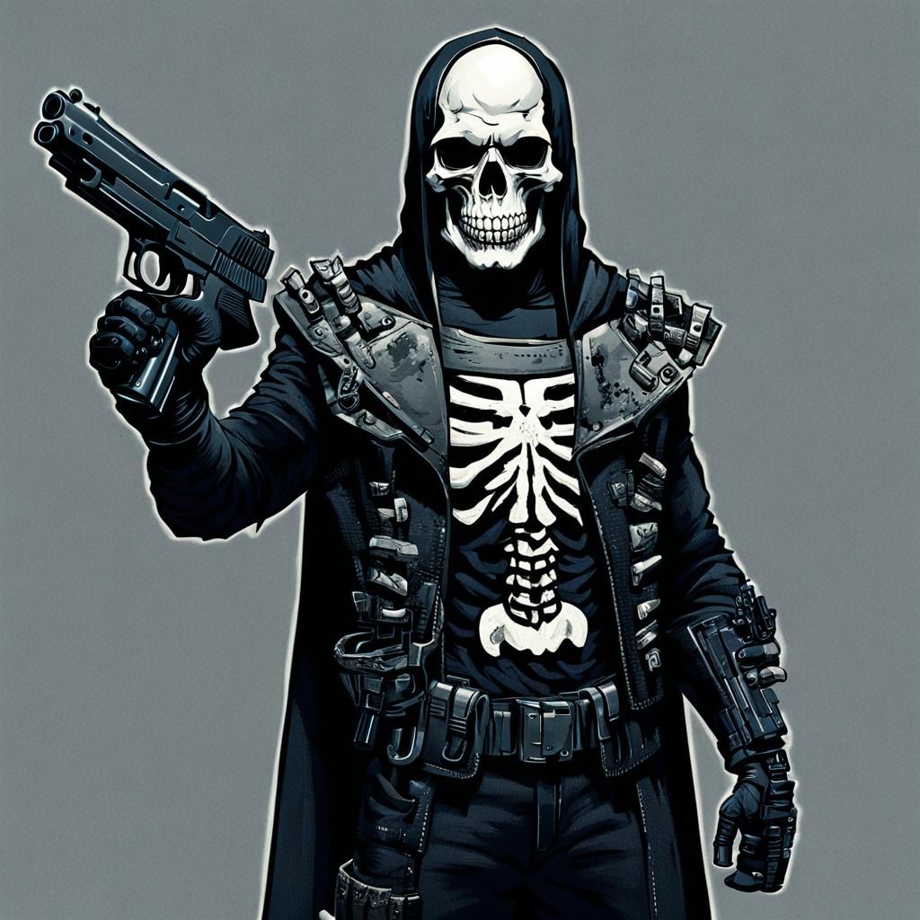 Demigod skull in a black costume with a gun
