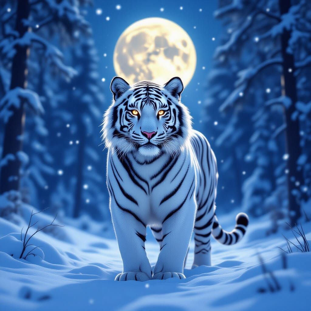Create an image of a woman walking in the snow with a white tiger next to her. - Start Image 2