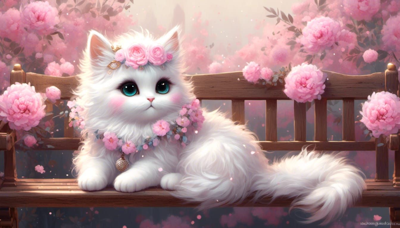 <lora:Ultra Cute:1.0> dorable fluffy white chibi cat sitting on a bench with a bouquet of pink peony glimmer sparkle