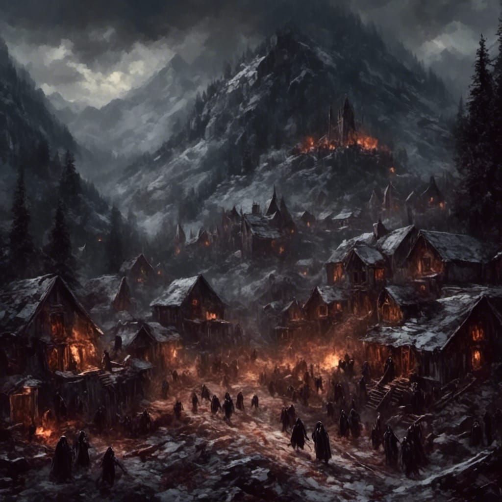 Vampires attack a mountain village, horror concept art, <lora:EffenMetal:1.0> 