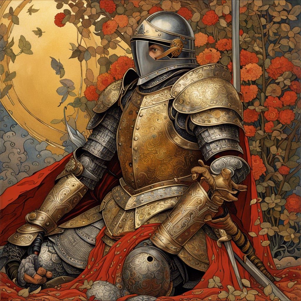 Knight in damaged armor after being defeated, highly detailed digital ...