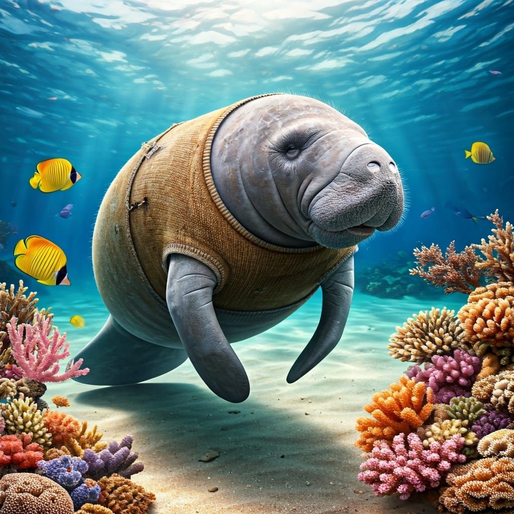 A West Indian manatee ...with a sweater??  by @Vintage Pixel