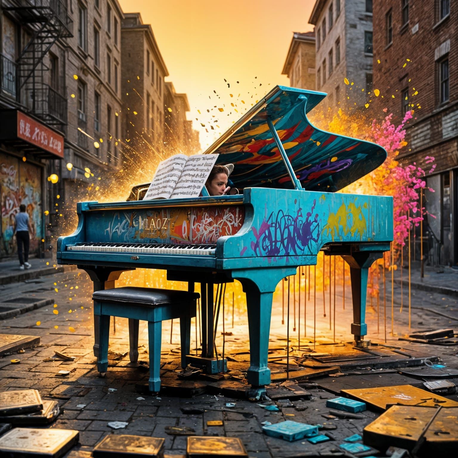  Create a live like illustration of mozart sits playing a piano. The moment becomes so magical the the very music note he played became visi...