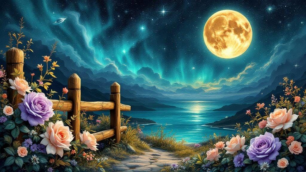 A golden moon hangs low in a turquoise starry sky, beyond a detailed, golden wood split rail fence, adorned with roses