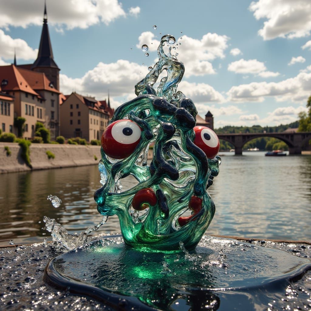 <lora:Flux Glas:1.0> a splashy funny creature from liquid glas and goggling eyes inspired by comic and splash art in a photographic way. In ...