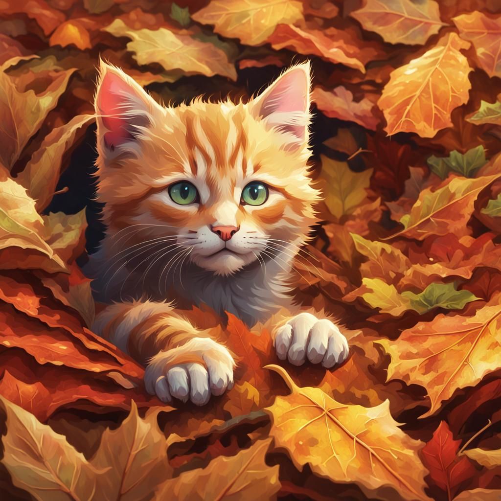 A little ginger kitten hiding in a pile of autumn leaves