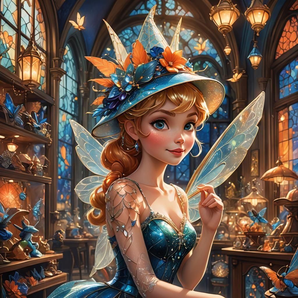 Tinker Bell trying out fancy hats in a hat shop  by @Hard Boiled Entertainment