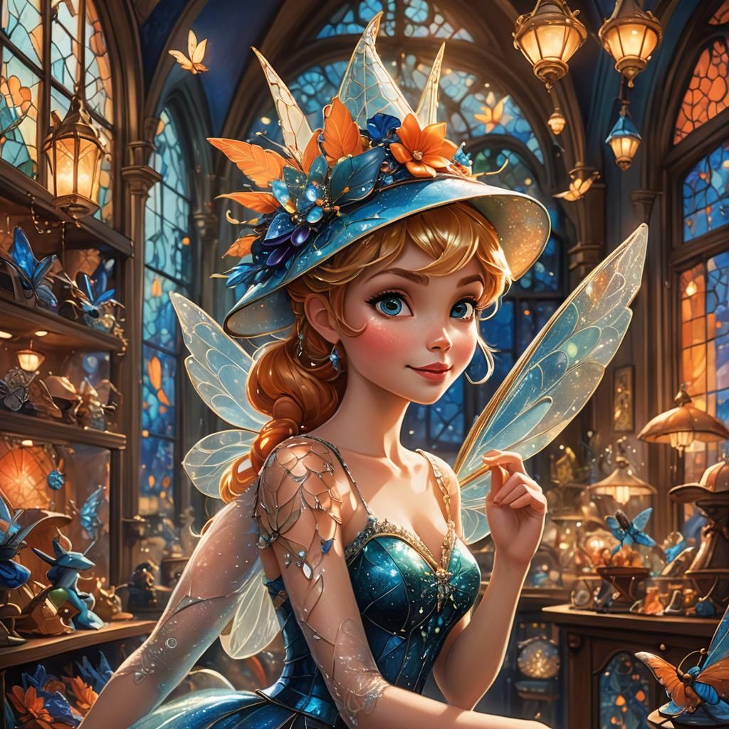 Tinker Bell trying out fancy hats in a hat shop