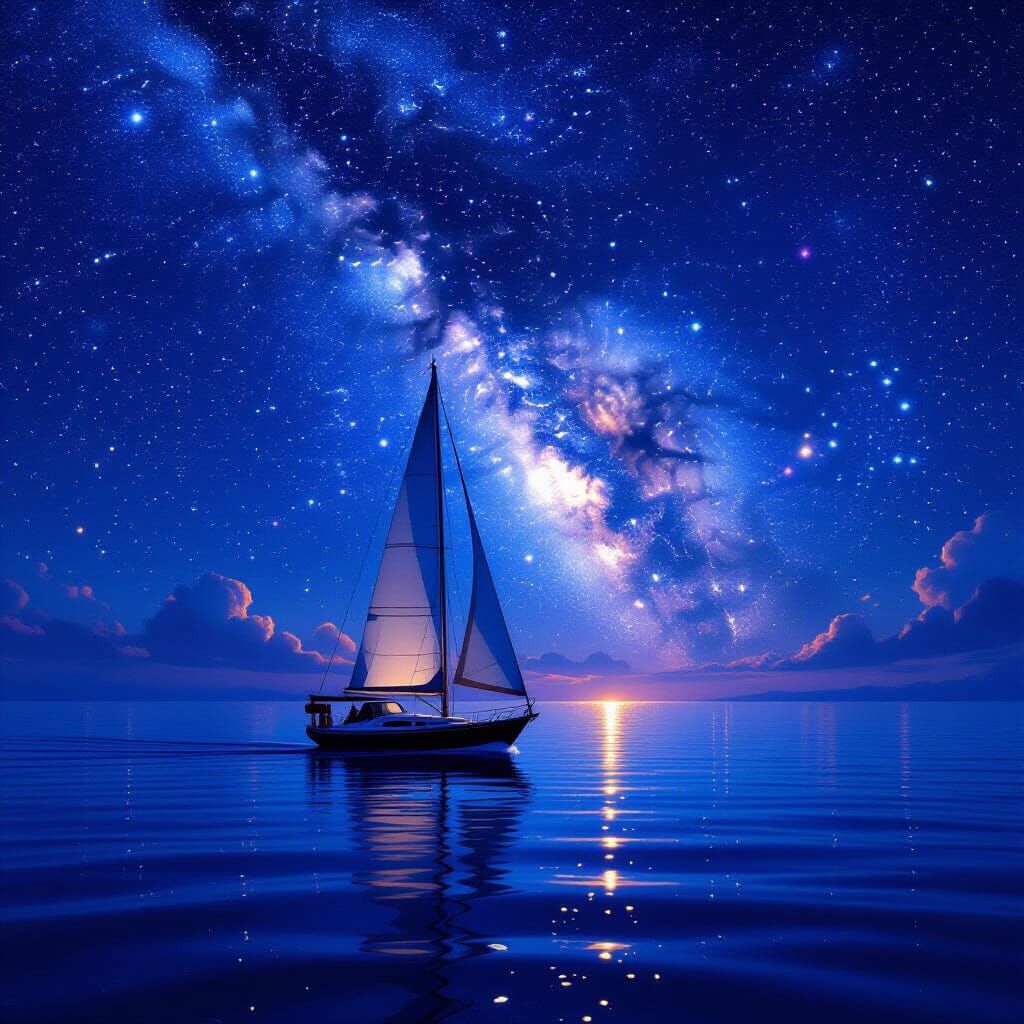 Sailboat Under Starry Night Sky with Milky Way