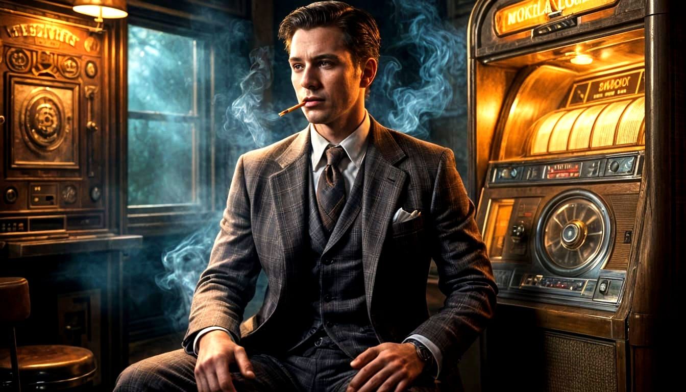 a dapper gentleman in a plaid sport coat and shiny shoes, leaning against a vintage jukebox in a smoky ...  by @Carlos