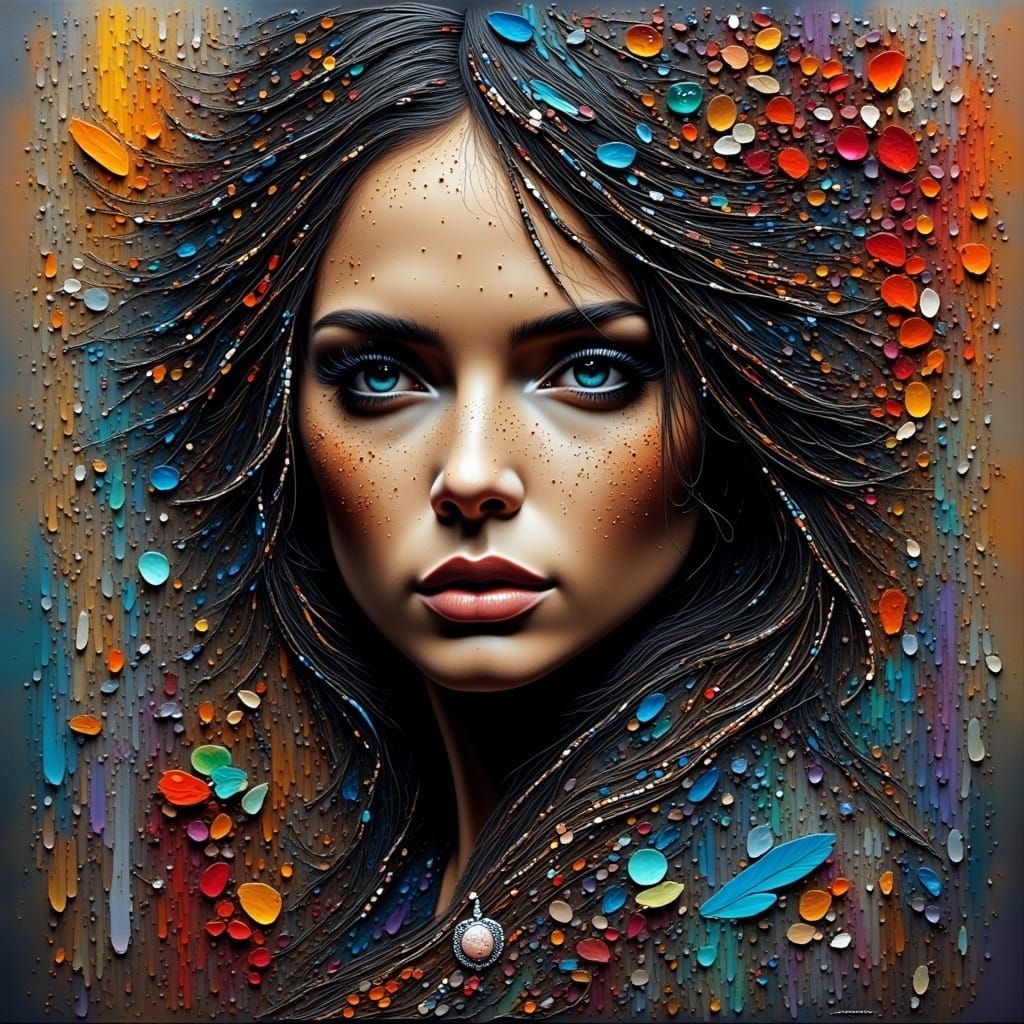 <lora:Pebble Art:1.2> A woman's enigmatic portrait, shrouded in an aura of mystique, her eyes cast downward, lips pursed in quiet contemplat...