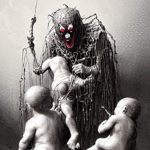 Spider with clown face eating babies