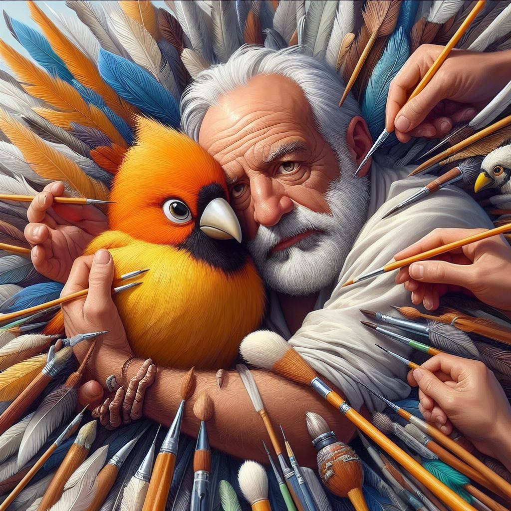 Cuddling with his painted bird