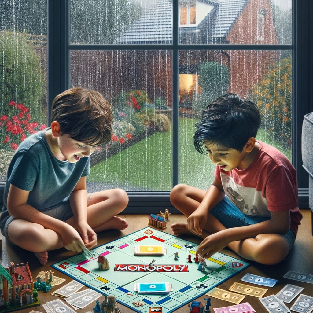 A couple of kids playing Monopoly in front of a Living room window as it is pouring down the rain outside. ...  by @Dantonio