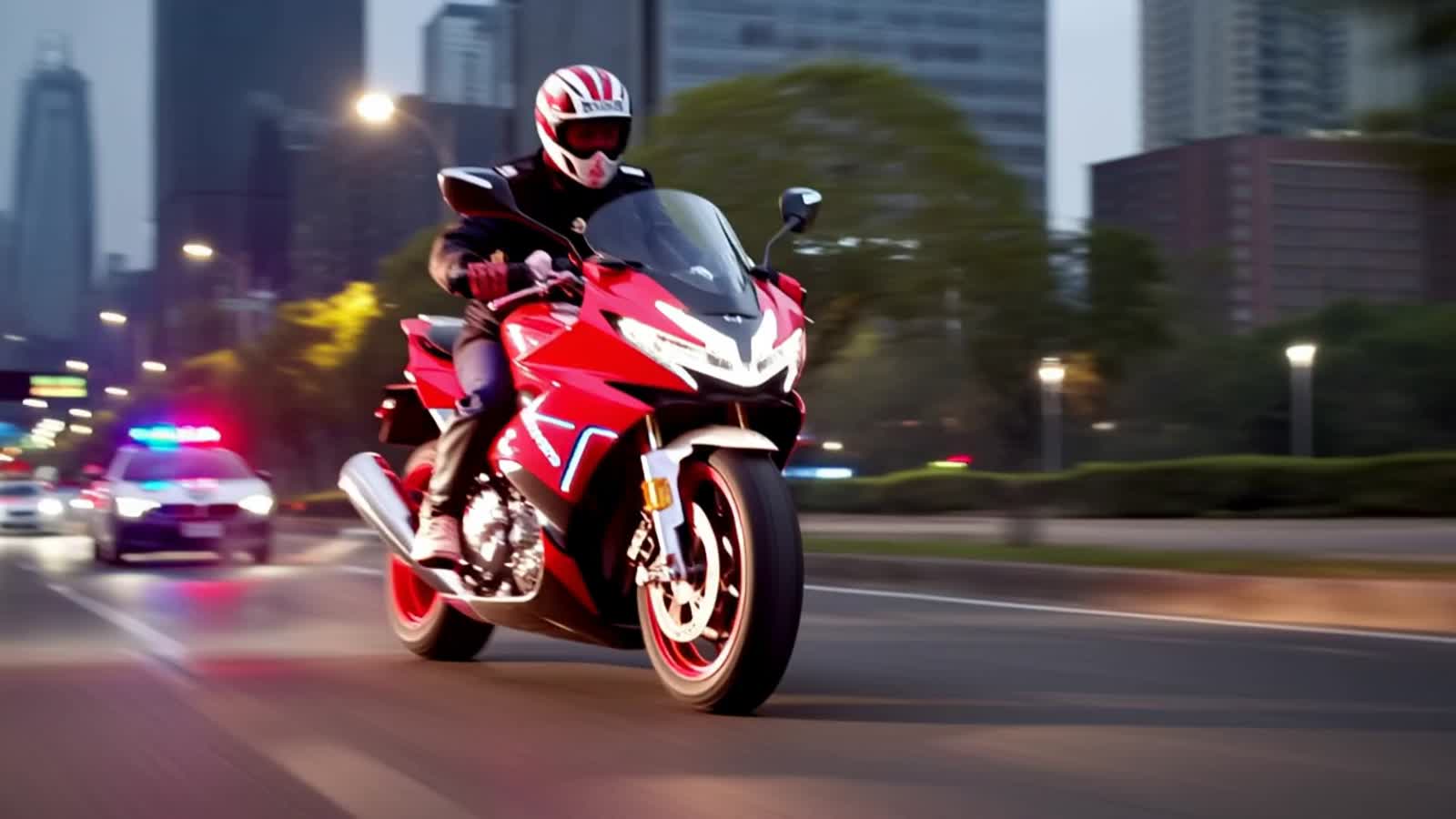 thanks to gullydj, camera pulls out , Red neon Motorcycle and police car chase moving towards the viewer