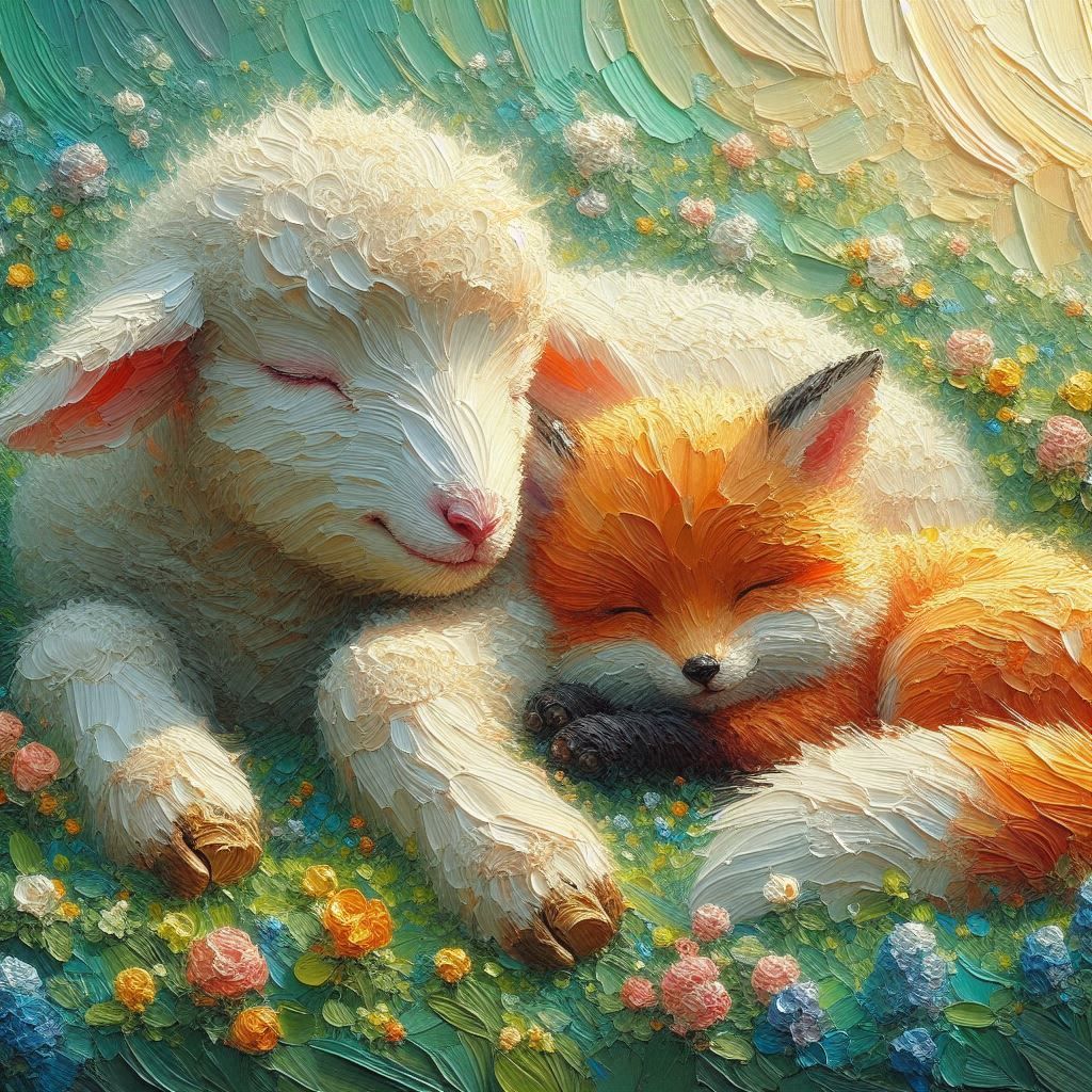 lamb and baby fox sleeping together.