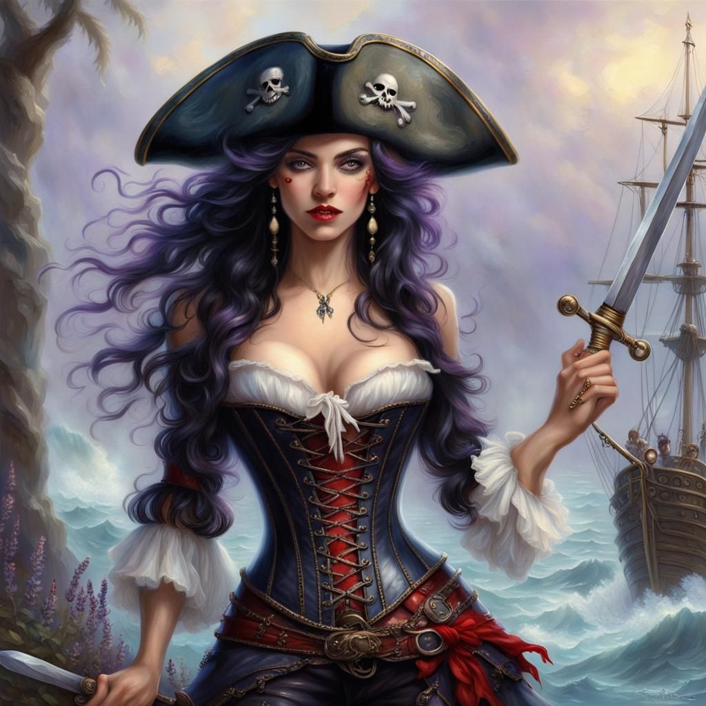 Pirate Lady with long wavy black hair, piercing lavender eye...