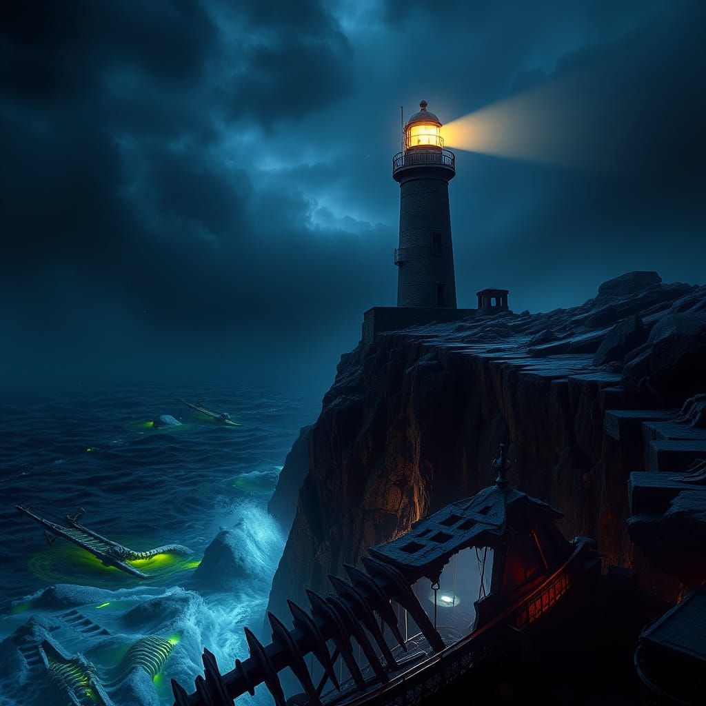A horror atmosphere picture of A lone, weathered lighthouse stands sentinel on a jagged, storm-lashed cliff face, its beam cutting through a...