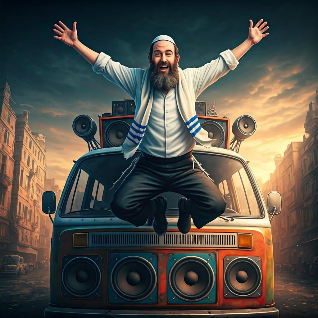 Joyful Hasidic Man Jumping on Van in Dreamlike Fantasy Art