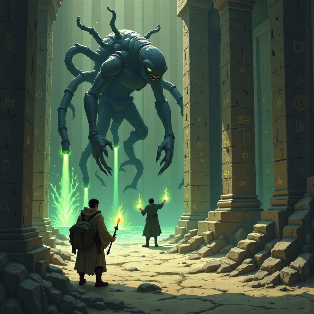 <lora:Painterly Ghibli:1.0> The Fellowship stood in the ruins of an ancient dwarven citadel, its walls lined with strange, glowing sigils th...