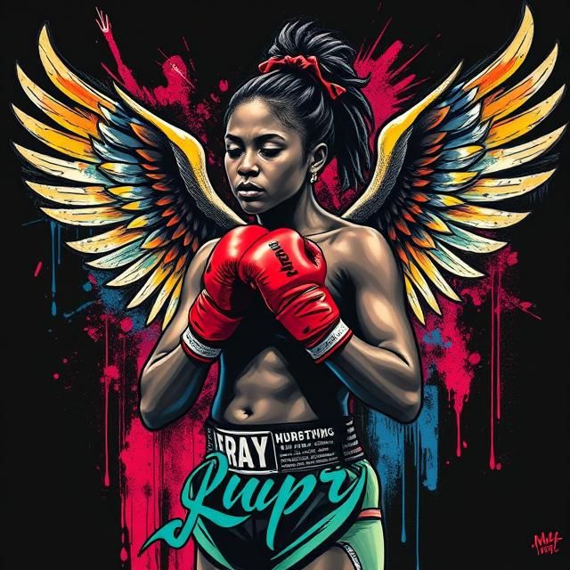 Black female Muay Thai fighter praying with wings on her back on a black background.