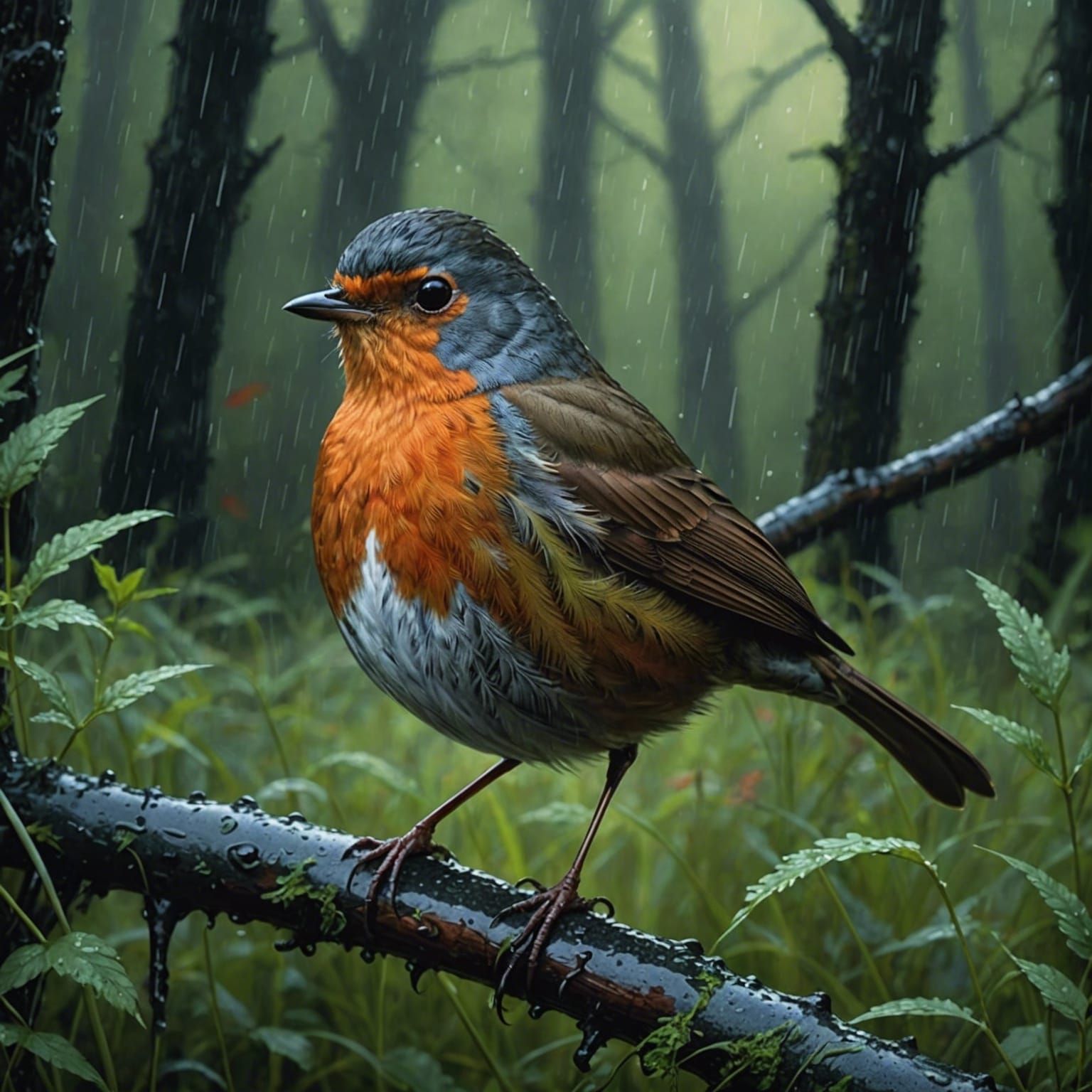 In a darkly enchanting, mystical forest, a plump robin with ...