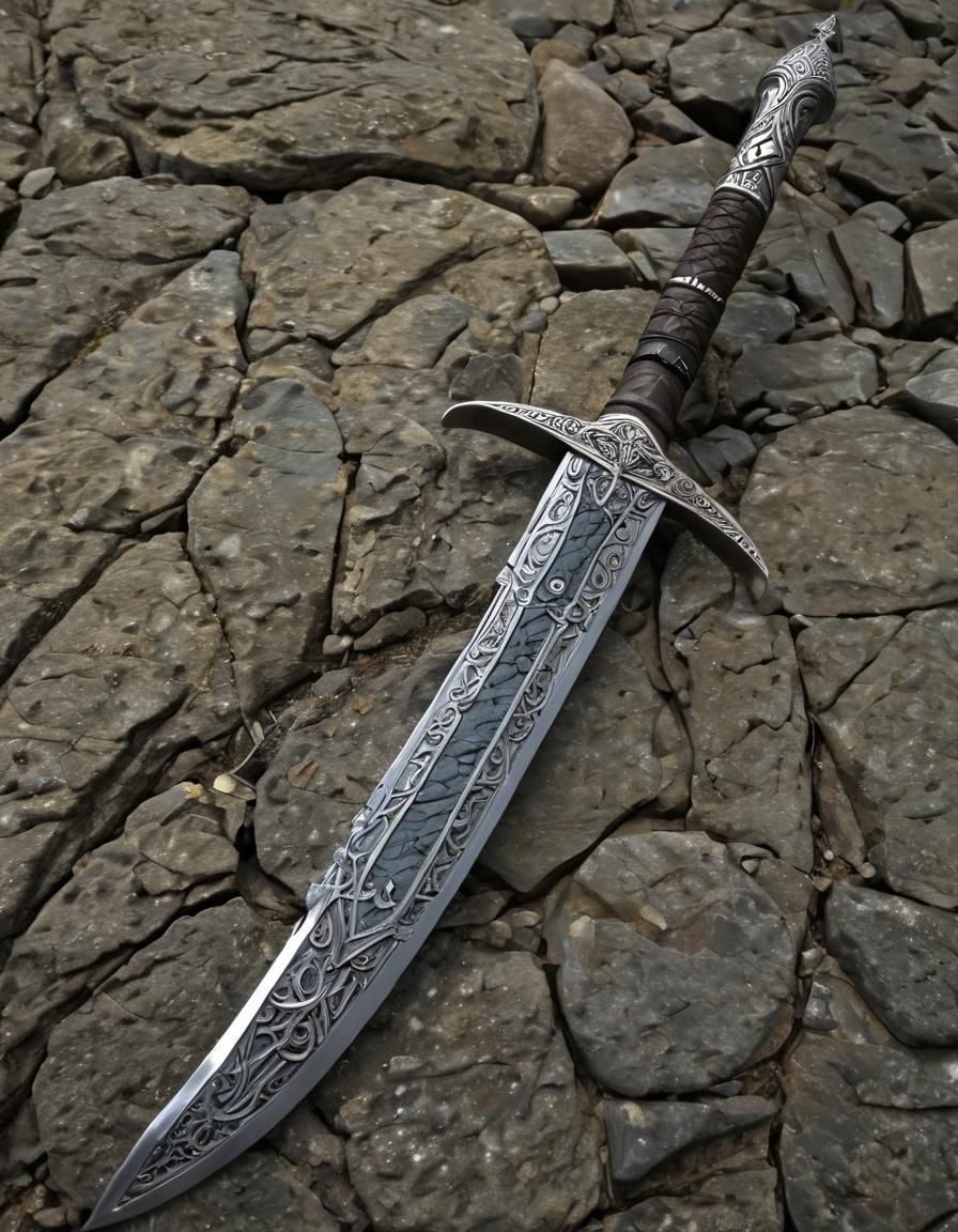 A sword stuck in rock, intricate gaelic language carved into...