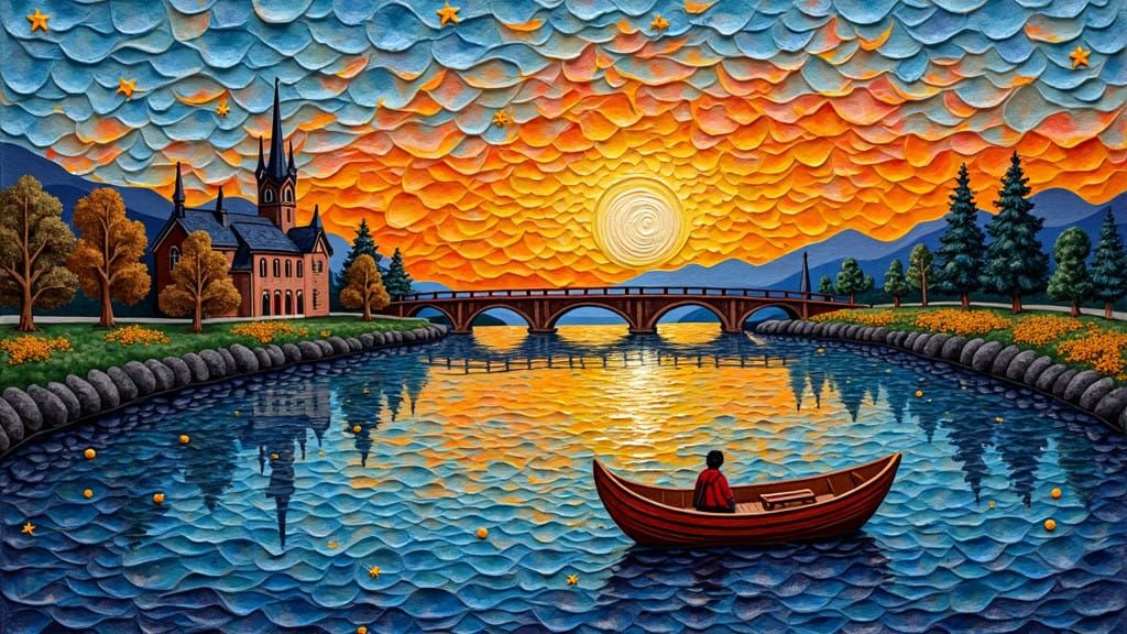 Vibrant Sunset Scene with River, Boat, and Bridge in Texture...