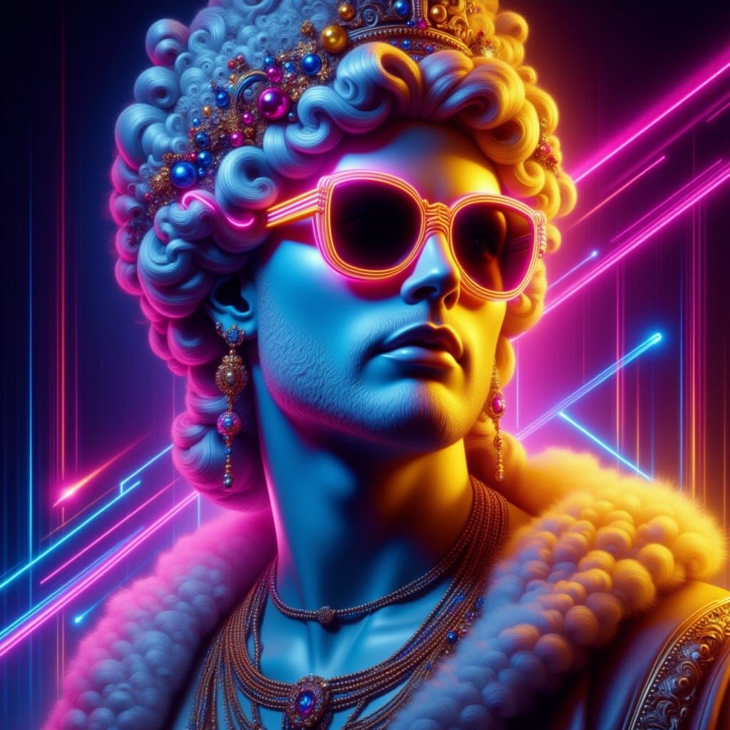 <lora:Baroquewave:1.0>portrait, classical Greek statue wearing elaborate sunglasses in the style of Baroquewave, neons, luminous lighting