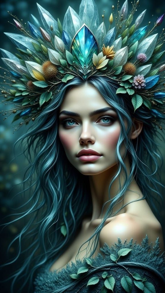 A forest queen wearing a crystal tiara adorned with leaves and vines, glowing in moonlight (02)