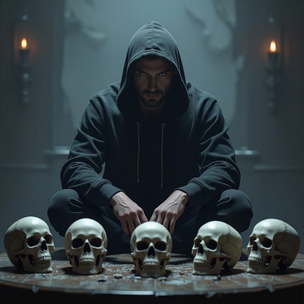 There is a table and a mysterious man sitting on the table wearing a hoodie and skeleton heads are on the table. So, cutting off the heads o...