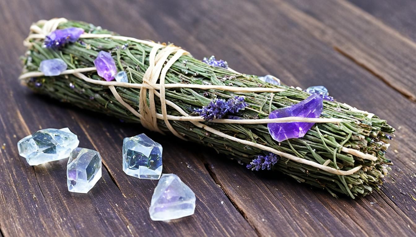smudge stick, wrapped with lavender springs and crystals,